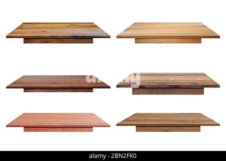 Collection of wood tabletop isolated on white background. Object with clipping path. Stock Photo