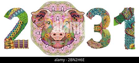Hand drawn zentangle pig number 2031 for t-shirt and other decorations Stock Vector