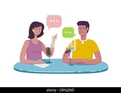 Broadcasting, podcast. People talking sitting at table. Live interview flat cartoon vector illustration Stock Vector