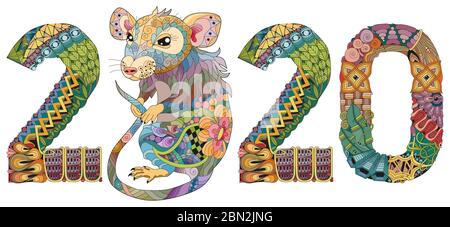 Hand drawn zentangle rat number 2020 for t-shirt and other decorations Stock Vector