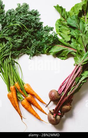 Frame made of fresh bio organic carrots and beetroot with stems and green tops on white background, close-up, top view. Natural vegetables. Stock Photo