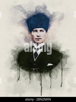 Watercolor portrait illustration of Mustafa Kemal Ataturk Stock Photo