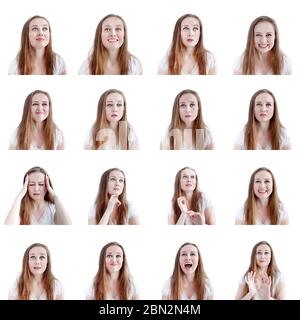 Collage image of sixteen different human emotions and reactions, young attractive caucasian woman headshots isolated on white background Stock Photo