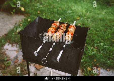 Pieces of raw chopped meat with tomatoes and onion rings are cooking on barbecue on brazier with charcoals Stock Photo