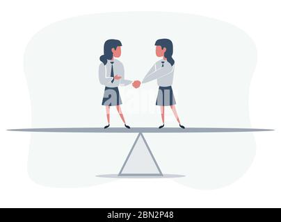 Business partners shaking hands as a symbol of unity. Business people standing on seesaw. Business concept. Stock Vector