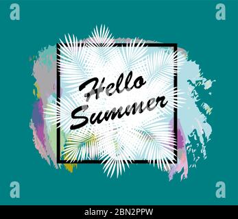 hello summer Trendy Summer Tropical Leaves Vector Design with brush Stock Vector