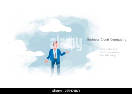 Cloud computing for business, concept. Layout with space for text, a businessman on background of sky withwith cloud and network in hand. Stock Vector
