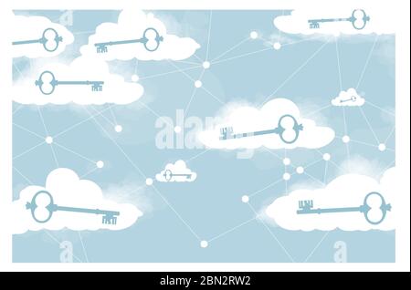 Controlling access to data in cloud storage, concept. storing and encrypting passwords. The keys on the clouds. Stock Vector