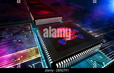 Cyber crime and skull icon. Piracy, digital attack, computer security futuristic concept production line abstract 3d rendering illustration. Processor Stock Photo
