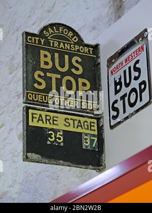 Salford City Transport , Bus Stop,Queue Other Side,Fare Stage,35,37,plus,North Western,Bus Stop Stock Photo