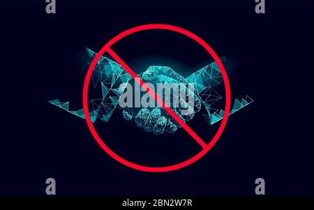 Stop coronavirus handshake 3D low poly render. Prevention infection virus influenza flu pneumonia. Avoid distance technology medicine vector Stock Vector