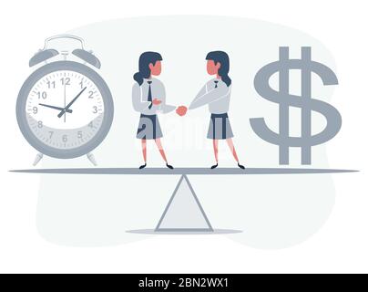 Business partners shaking hands as a symbol of unity. Business people standing on seesaw between clock and money. Stock Vector
