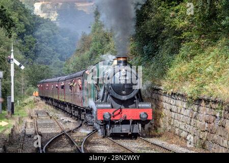 BR 'Hall' 4-6-0 No. 6990 'Witherslack Hall' approaches Goathland on the North Yorkshire Moors Railway during their Autumn Steam Gala Stock Photo