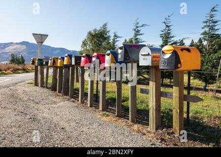 Rural letter boxes near Albert Town, Otago, South Island, New Zealand Stock Photo