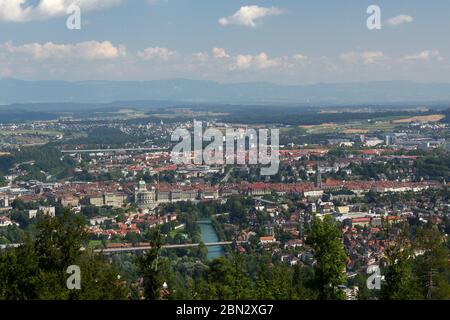 Bern, Switzerland - August 3, 2019: View on the city and landscape of Bern from park Gurtenpark on a sunny day in August Stock Photo