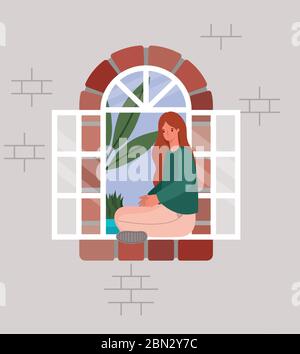Woman looking out the window from gray house vector design Stock Vector