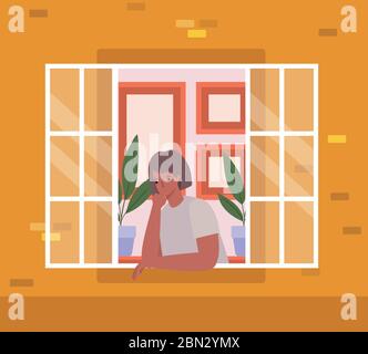 Woman looking out the window from orange house vector design Stock Vector