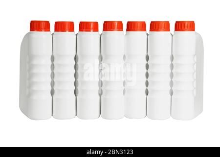 Row of Plastic Containers for Engine Lubricants on White Background Stock Photo