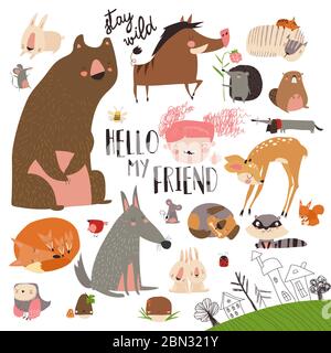Set of cute wild animals in the forest on white background Stock Vector
