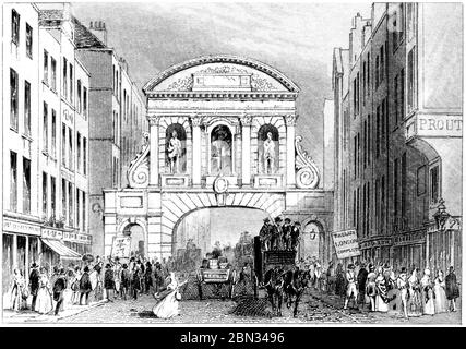 An engraving of Temple Bar London scanned at high resolution from a book printed in 1851. This image is believed to be free of all copyright. Stock Photo