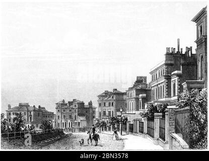 An engraving of Highbury Crescent London scanned at high resolution from a book printed in 1851. This image is believed to be free of all copyright. Stock Photo