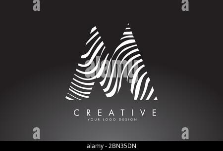 M Letter Logo Design with Fingerprint, black and white wood or Zebra texture on a Black Background. Creative M vector illustration with black and whit Stock Vector
