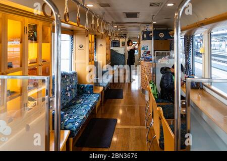 Tango AO-MATSU Train. A comfortable and modern style design sightseeing train. Reservation not required, operating everyday. Kyoto Tango Railway. Stock Photo