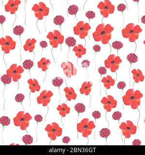 Hand drawn bouquet of poppies and clover. Floral seamless pattern. Stock Photo