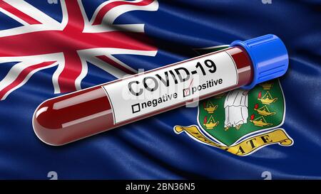 Flag of the British Virgin Islands waving in the wind with a positive Covid-19 blood test tube. Stock Photo