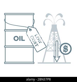 Vector illustration Oil price decrease. Petroleum industry. Economic crisis. Drop prices to negative value. Low cost. Storage. Market crash. WTI West Stock Vector