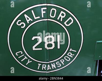 Salford City Transport,bus,omnibus,281, in green,Greater Manchester,Lancashire,England,UK,historic transport Stock Photo