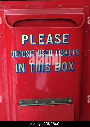 92 bus,Bury to Manchester Piccadilly,Greater Manchester, England, UK, Please deposit used tickets,in this box, Stock Photo