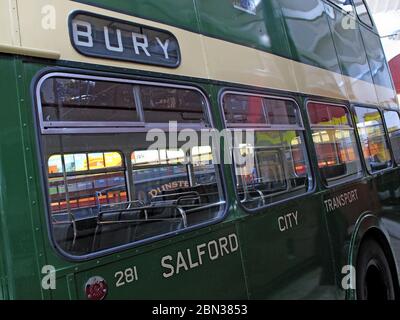 Green and Cream livery bus of Salford Corporation transport - Metropolitan Cammell / Leyland Titan PD2 281 , JRJ281E, Bury double decker Bus, 1967 Stock Photo