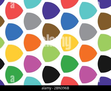 Seamless geometric pattern, texture or background vector in red, blue, green, purple, orange, yellow, brown and black colors on white background. Stock Vector