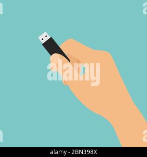 Flat design cartoon illustration of hand holding USB flash drive - vector Stock Vector