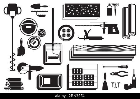 Construction power tools and materials on floor – vector illustration Stock Vector