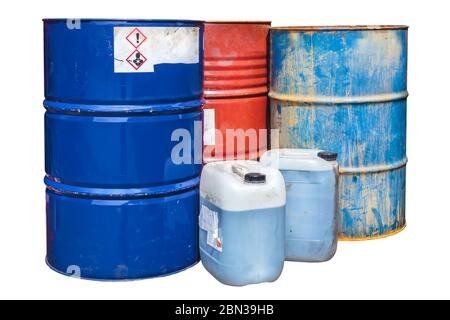 Rusty toxic waste barrels isolated on a white background Stock Photo