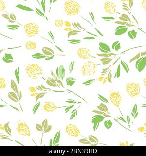Vector Botany hand drawn clover blossom repeat pattern with simple shape florals on white background. Nature background. Surface pattern design. Stock Vector