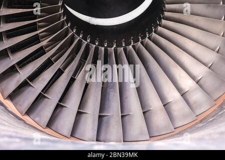 Detail of a used airplane jet turbine engine Stock Photo
