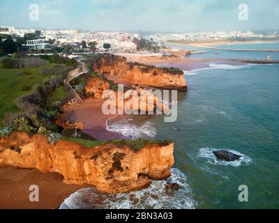 Aerial drone point of view image of Praia do Pinhao landscape, Atlantic Ocean. Portugal Stock Photo