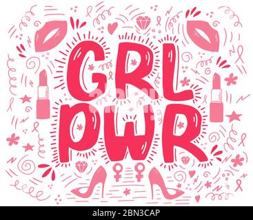 Girl power lettering with pink ribbons, lips, lipstick, stilettos, flowers, hearts, wavy lines. Symbolic poster. Isolated on white background. Vector Stock Vector