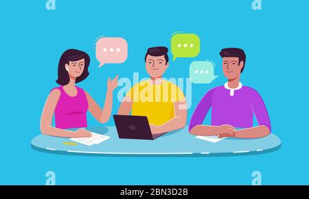 Teamwork, brainstorm. Employees negotiating while sitting at table. Vector illustration