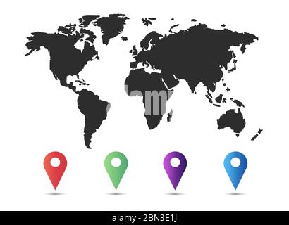 World map with set of blank colorful pointers and markers vector. Stock Vector