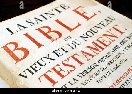 Old Bible in french. 18 th century.  France. Stock Photo