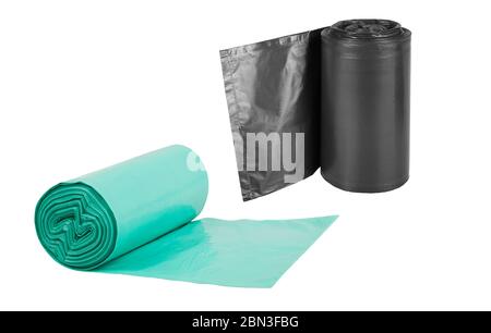 Rolls  of disposable trash bags isolated on white background Stock Photo