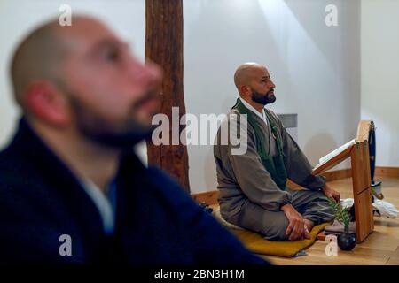 Zen sesshin (retreat) at Le Moulin de Vaux zen center, Sarthe, France. Stock Photo