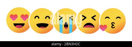 Emoticons set. Emoji faces emoticon smile, digital smiley expression emotion feelings, chat messenger cartoon emotes. Vector illustration icons. Stock Vector