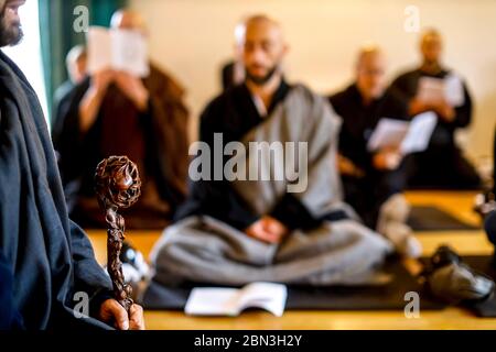 Zen sesshin (retreat) at Le Moulin de Vaux zen center, Sarthe, France. Stock Photo