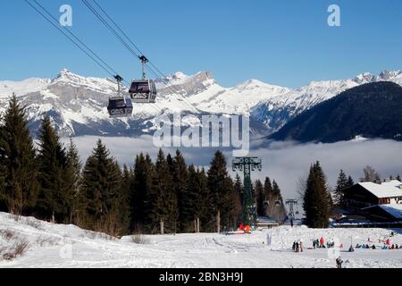 French Alps in winter. Gondola lift.  Saint Gervais les Bains. France. Stock Photo