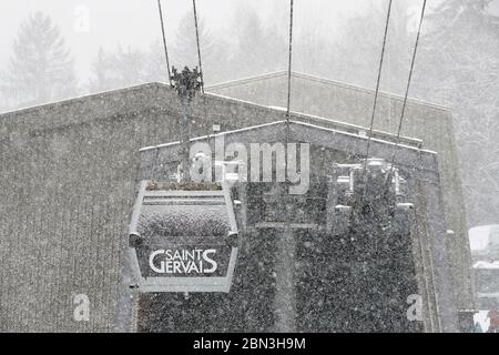 French Alps in winter. Gondola lift.  Saint Gervais les Bains. France. Stock Photo